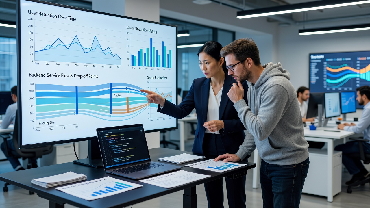 Backend service transition analysis showing retention metrics and indirect observation data points